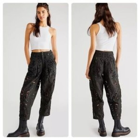 Free People Bali Belle Cutwork Pants Trousers Black Eyelet Size 2 $268 NEW - Picture 1 of 7